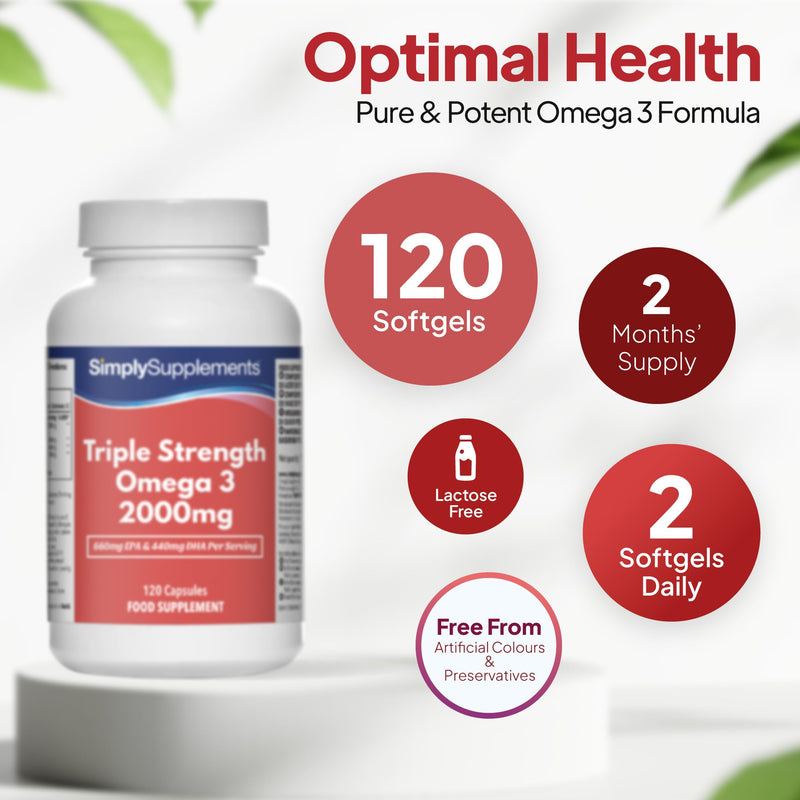 Triple Strength Omega 3 2,000mg | Supports Heart, Brain & Eye Health | Rich in Omega 3 Fatty Acids | 660mg of EPA and 440mg of DHA per Serving | 120 Capsules = 2 Months’ Supply | Made in UK