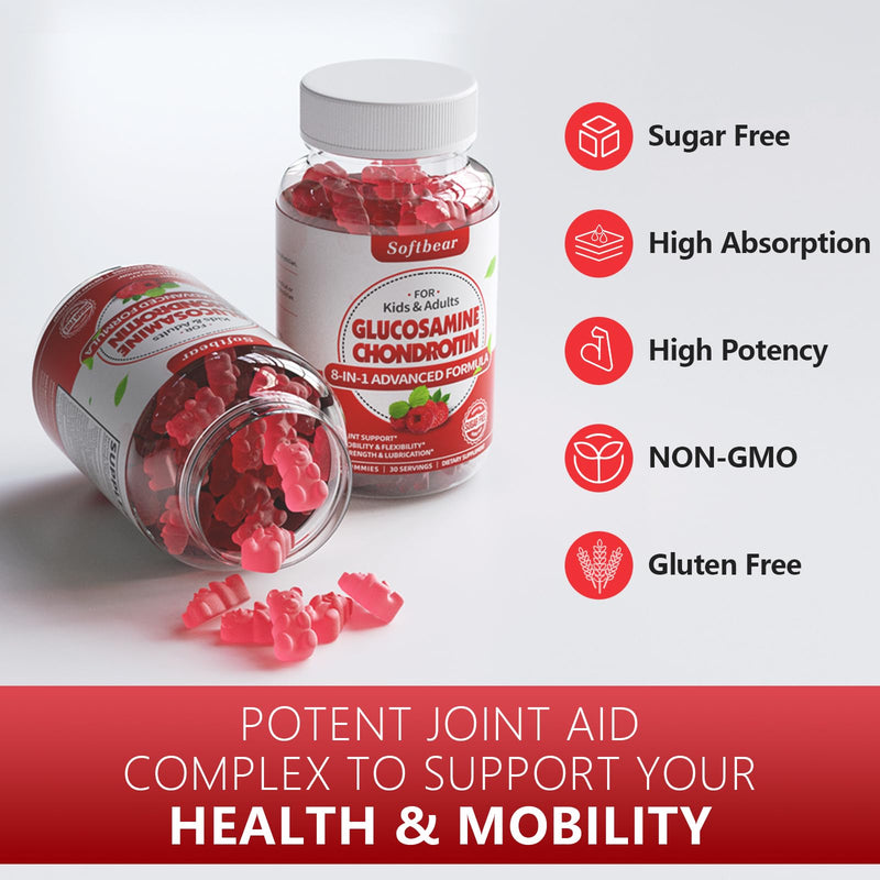 [Australia] - Glucosamine Chondroitin Gummies Sugar Free, Extra Strength Glucosamine Chondroitin Supplement for Natural Joint Support, Raspberry Flavored 60 Count 60 Count (Pack of 1) 