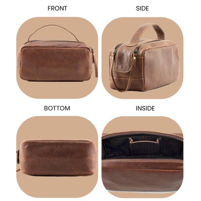 Leather Toiletry Bag for Men - Genuine Full Grain Leather Dopp Kit “Golden Oak” - Large Travel Shaving Kit Organizer Grooming Bag