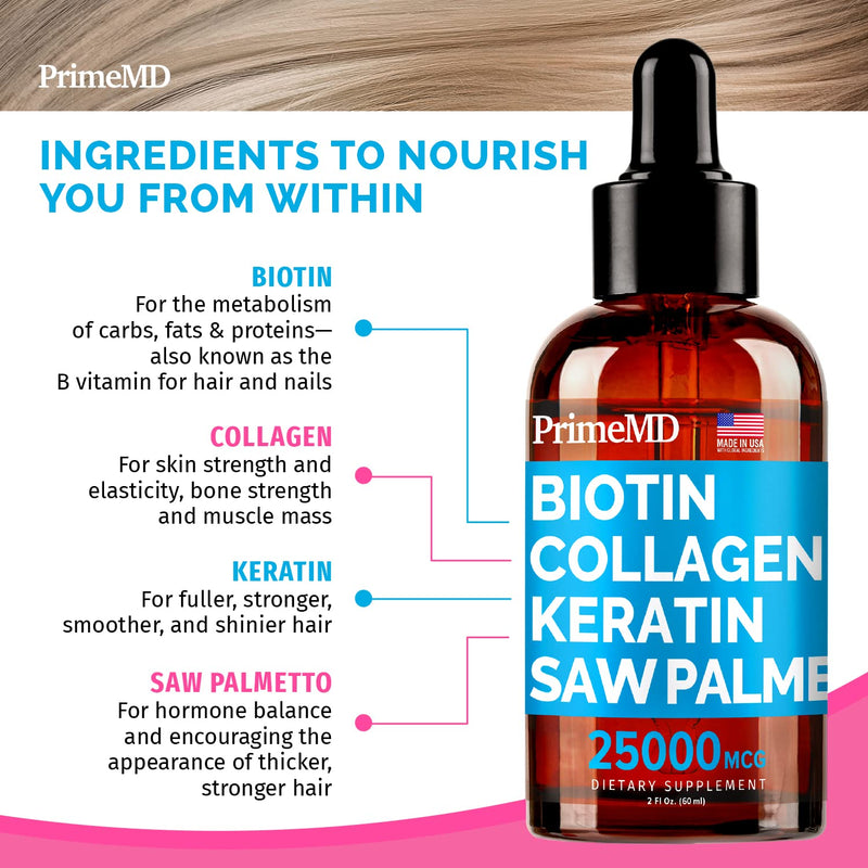PrimeMD 4-in-1 Liquid Biotin Collagen Keratin Saw Palmetto Drops (3 Pack) Bundle - 25000mcg Hair Nails and Skin Vitamins for Women & Men - 2 Fl Oz Each, Watermelon Flavor, Gluten-Free, Non-GMO