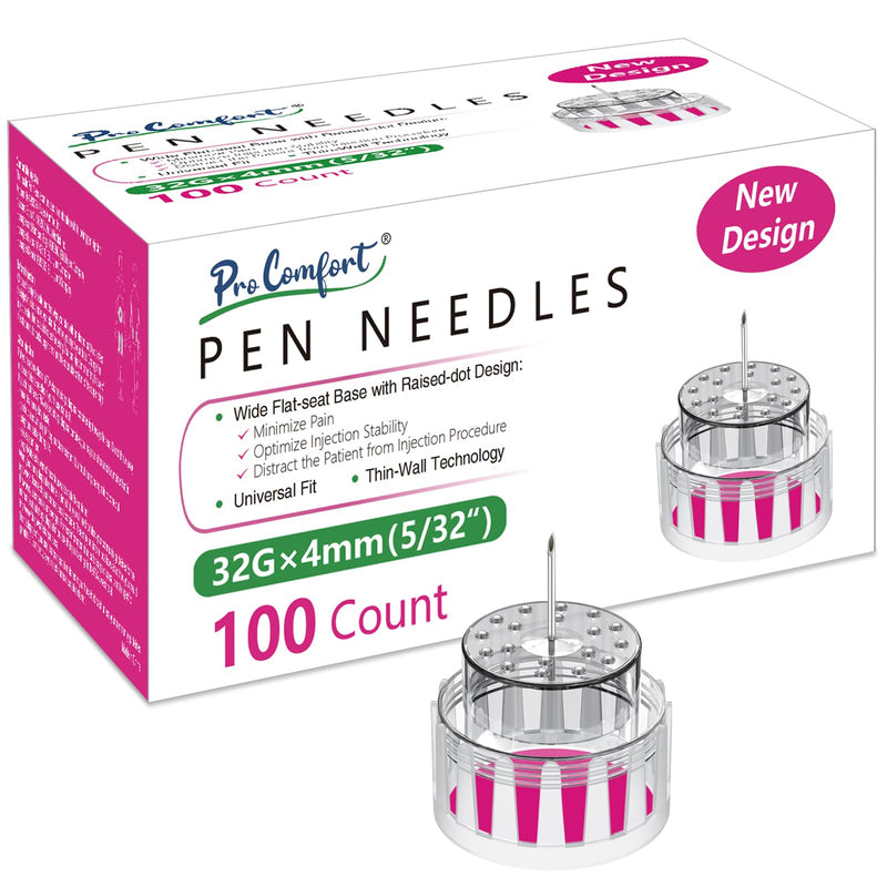 [Australia] - Insulin Pen Needle 32G 4mm (5/32"), Wide Flat -seat Base, 100 Count, Diabetic Pen Needles for Injections Universal Fit with Most Diabetes Pens Comfortable 