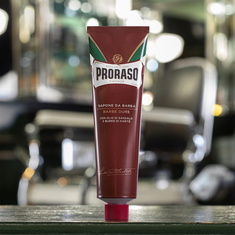 [Australia] - Proraso Shaving Cream Tube for Thick Beards, 150 ml, Intensively Nourishing & Moisturizing Shaving Soap for Men, with Sandalwood and Shea Butter, Made in Italy, Red 