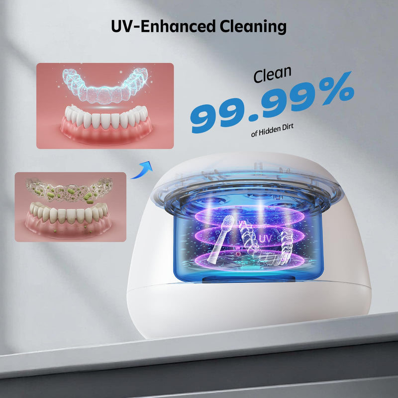 [Australia] - Ultrasonic Retainer Cleaner Machine 48kHz Denture and Aligner Cleaning Pod for Mouth Guards Night Guards Dental Trays Braces Toothbrushes Jewelry with 200ML Capacity (White) White 