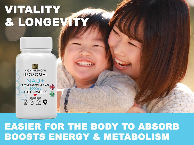 NAD+ with Resveratrol & TMG 2000mg | 120 Capsules High Strength NAD | 4 Months Supply 1-A-Day | Anti-Ageing | Boost Metabolism Antioxidant Cell Repair NADH, Liposomal Max Absorption, Vegan, UK Company
