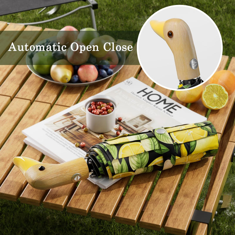 Yellow Duck Auto Umbrella - Travel Folding Fancy Lemon Night Umbrellas Windproof Mini Duck Handle for Women Girls Boys Teens