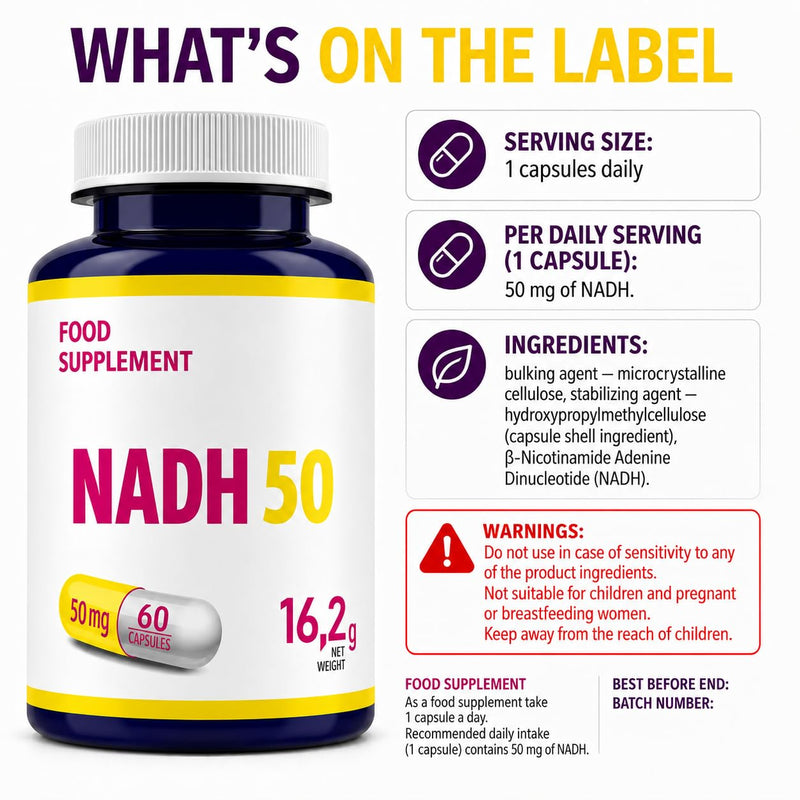Hepatica NADH 50mg (Reduced Nicotinamide Adenine Dinucleotide) | High Strength | 60 Vegan Capsules | 2-Month Supply | 3rd Party Lab Tested