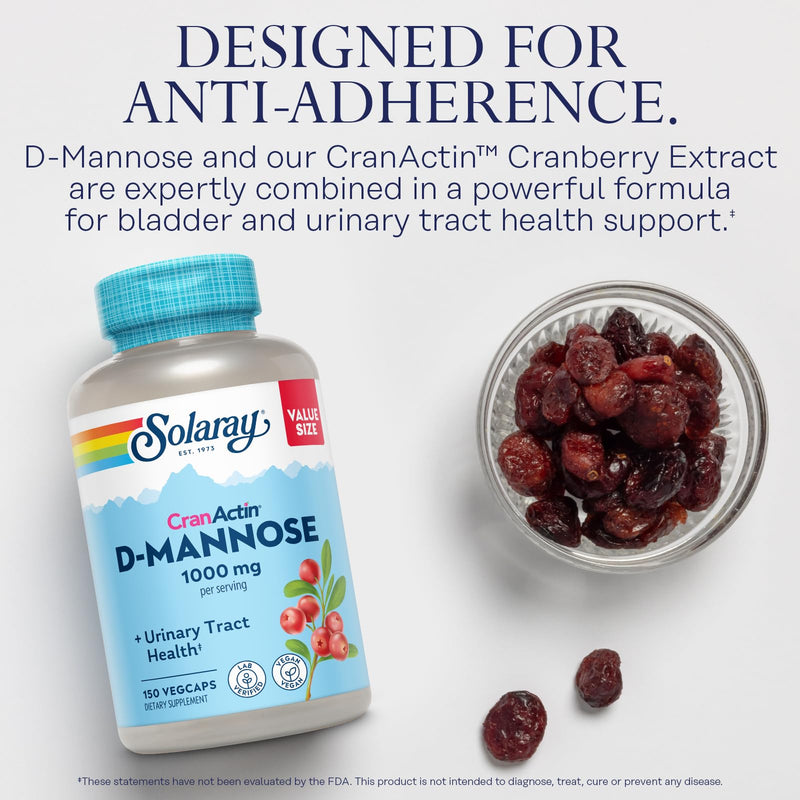 [Australia] - SOLARAY D-Mannose with CranActin Cranberry Supplement 1000mg, Urinary Tract Health & Bladder Support Capsules with Vitamin C, Vegan, 60 Day Guarantee, 75 Servings, 150 VegCaps 150 Count (Pack of 1) 