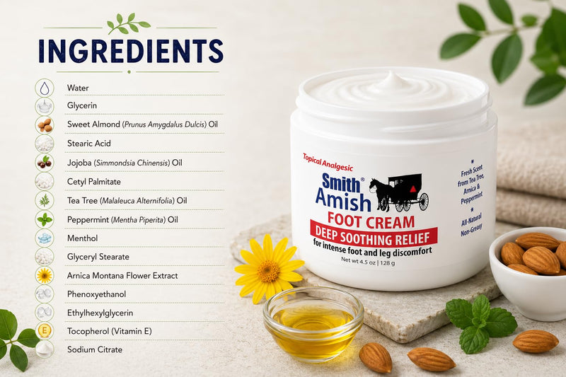 Smith Amish Foot Cream, Deep Soothing and Calming to Foot and Legs. 4.5 oz | Refreshing Hydration for Dry, Tired Feet & Legs - Tea Tree, Peppermint & Botanical Comfort Blend
