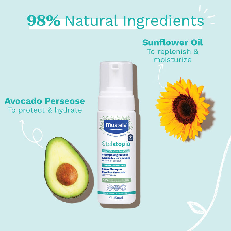 [Australia] - Mustela Stelatopia Eczema-Prone Skin Foam Shampoo for Newborn & Baby with - with Natural Avocado & Sunflower Oil - Fragrance-Free & Tear Free - 5.07 fl. oz. 