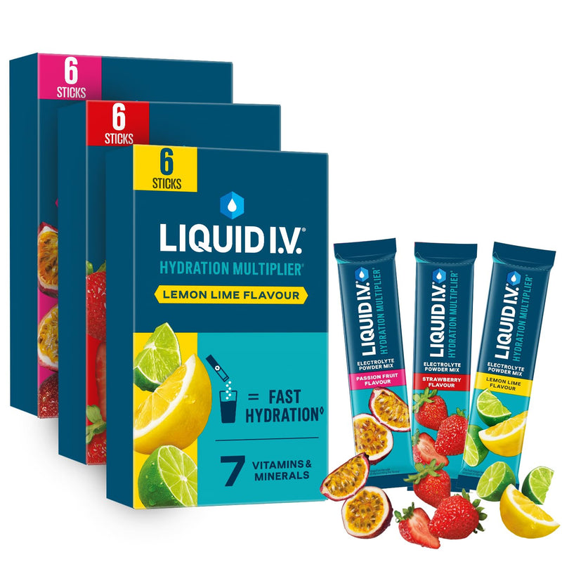 Liquid I.V. Hydration Multiplier Electrolyte Powder Pack, Lemon Lime, Passionfruit & Strawberry, Electrolytes With 7 Vitamins & Minerals For Fast Hydration & Energy, Vegan and Gluten Free, 18 Sachets Variety Pack 6 Sticks (Pack of 3)