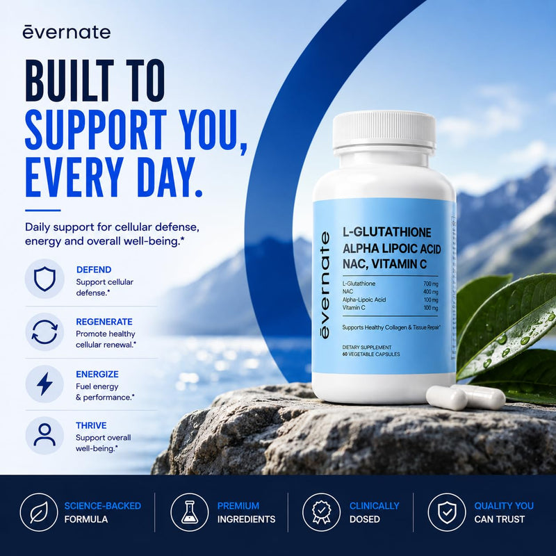 Evernate 4-in-1 L-Glutathione 700mg with NAC 400mg, Alpha Lipoic Acid 200mg & Vitamin C – Skin Brightening, Liver Detox, Immune Support & Antioxidant Defense – 60 Vegan Capsules
