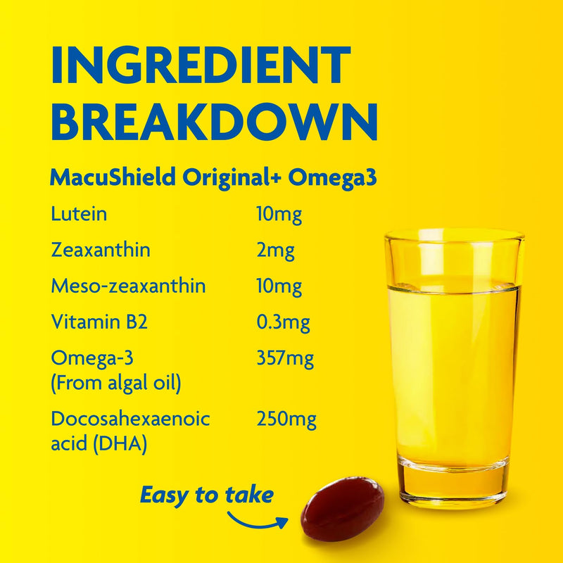 MacuShield Original+ Omega 3, Eye Supplement with Lutein, Meso-Zeaxanthin and Zeaxanthin, and Vitamin B2 which helps Support Normal Vision, 30-Day Pack