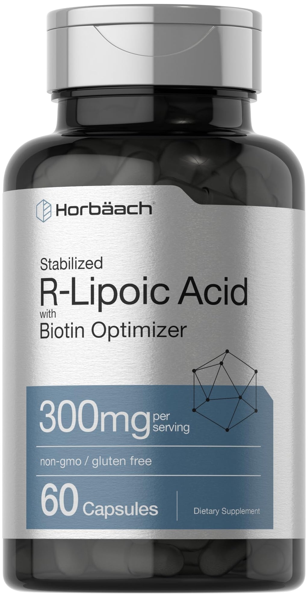 Horbäach Stabilized R-Lipoic Acid 300mg | 60 Capsules | with Biotin Optimizer | Non-GMO, Gluten Free | Na-RALA Supplement 60 Count (Pack of 1)