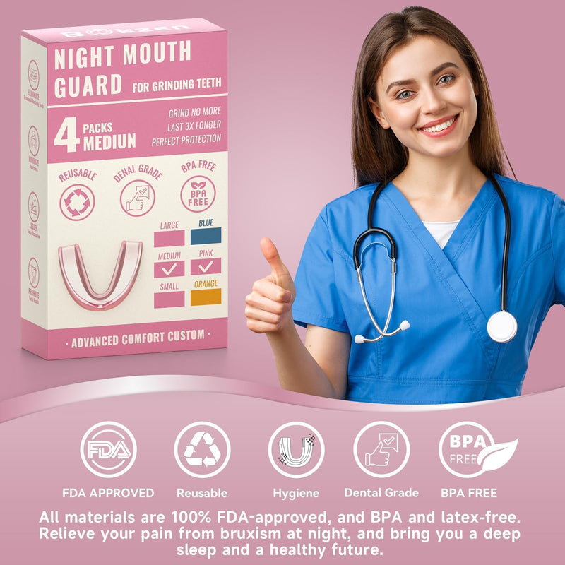 [Australia] - 4 Pack Pink Night Guard for Women Teeth Grinding, Medium Size, Moldable Dental Guard for Teenagers, Comfortable Mouth Guard for Teeth Clenching at Night, Mouthguard Stops Bruxism, Tmj 