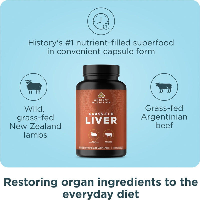 [Australia] - Ancient Nutrition Organ Supplements, Grass-Fed and Wild Organ Complex Capsules, Beef & Lamb Liver, Supports Healthy Blood, Gut, and Liver, 180 Ct 