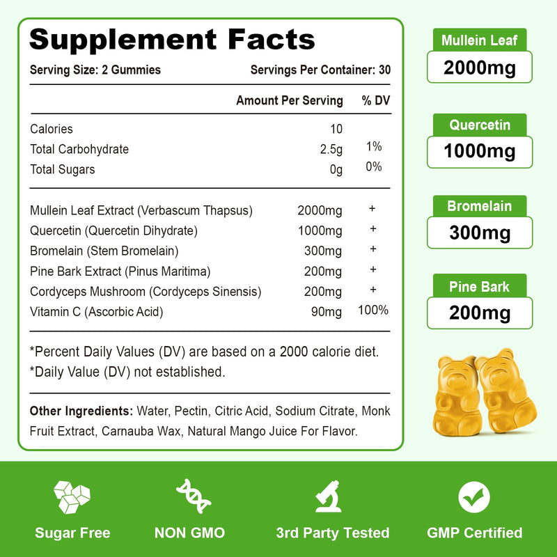 [Australia] - Mullein Gummies, Mullein Leaf Extract with Bromelain, Quercetin, Pine Bark Support Lung Cleanse for Healthy Breathing, 120ct Mango 60 Count (Pack of 2) 