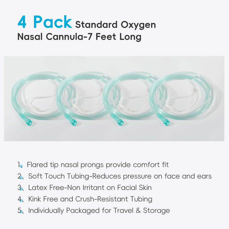 [Australia] - 7 Foot Green Nasal Cannulas for Oxygen, Standard Kink Resistant Cannula Nasal Tubing for 0xygen - 4 Pack Oxygen Cannula with 1 Pair Ear Cusions 4pack-7ft with 1 pair ear cusion 