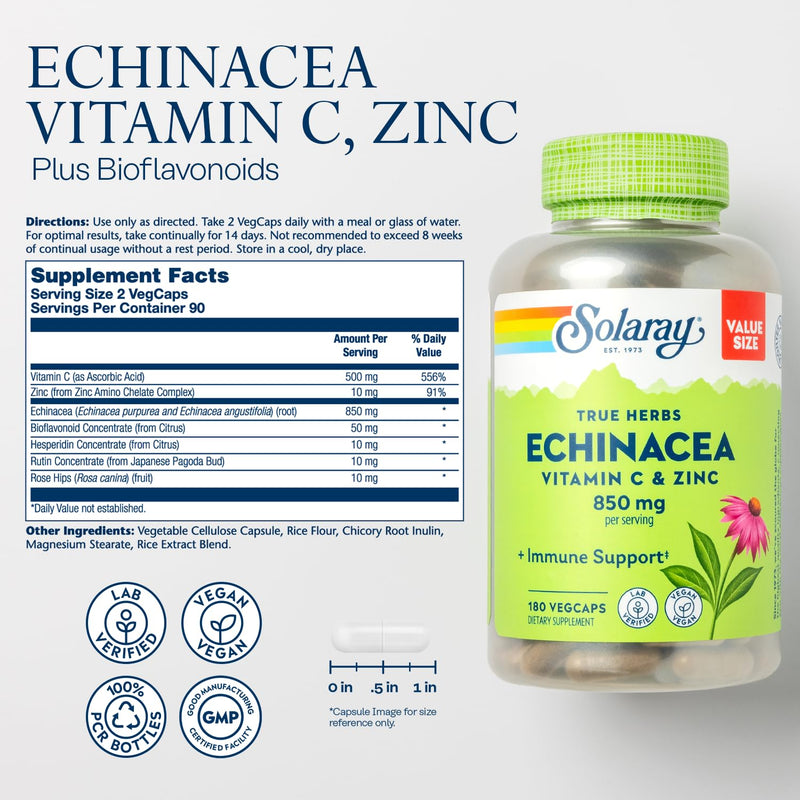 SOLARAY Echinacea with Vitamin C & Zinc – Immune Support Supplement – Echinacea Capsules with Vitamin C 500 mg Plus Bioflavonoids, Vegan, 60-Day Guarantee, 90 Servings, 180 VegCaps 180ct