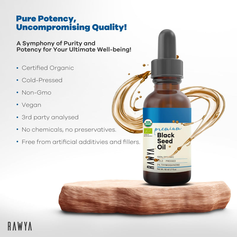 [Australia] - Black Seed Oil, Organic, 1.7 Fl Oz, RAWYA, Unrefined, Premium, High TQ, Cold Pressed, Glass Bottle, Nigella Sativa Oil, Non-GMO, Black Cumin Seed Oil, also known as Kalonji Oil, Nigella Oil 