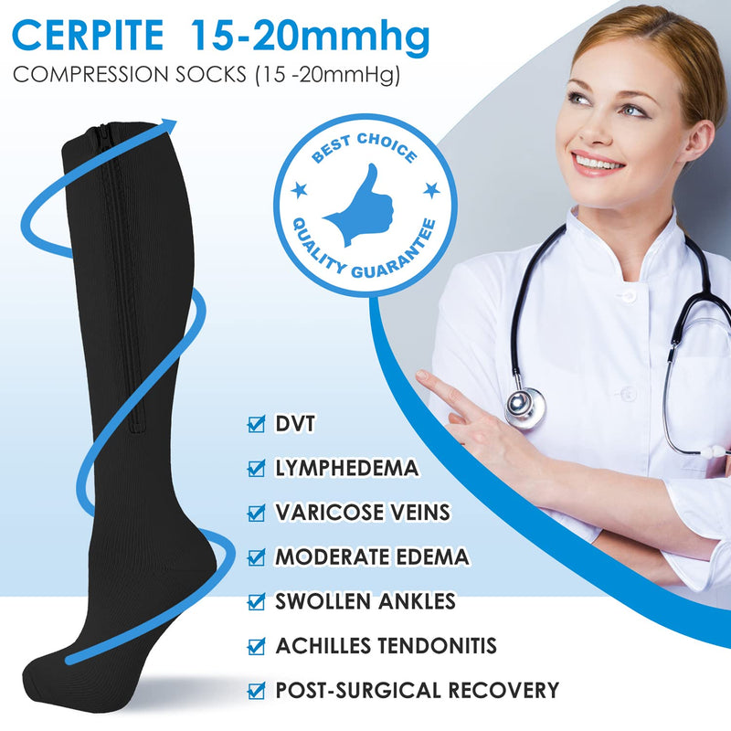 Zipper Compression Socks, 2 Pairs 15-20 mmHg Closed Toe Compression Stockings for Men Women，Suit for Running,Nurse,Travel,Cycling,Athletic Large-X-Large Black/Beige