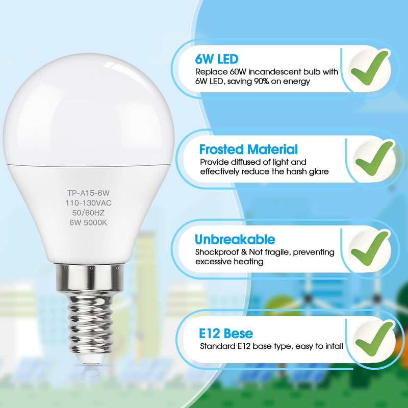 [Australia] - MAXvolador E12 LED 60W Equivalent Daylight White 5000K Ceiling Fan Bulbs, 600LM CRI 85+ Small Base Candelabra Bulbs, 6W Non-Dimmable, Pack of 6 