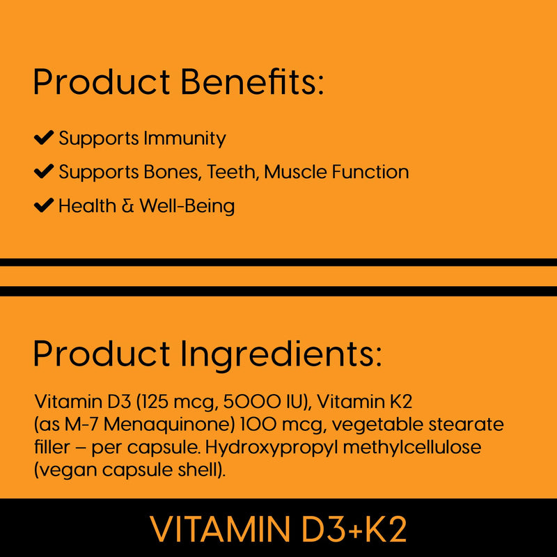 Vitamin D3 + K2 Capsules | 5000 IU Vitamin D3 & 100µg Vitamin K2 MK-7 | Supports Bones, Teeth, Muscles & Immune Function | 60 Vegetarian Capsules | Non-GMO | Gluten-Free Vitamin D Supplement 60 count (Pack of 1)