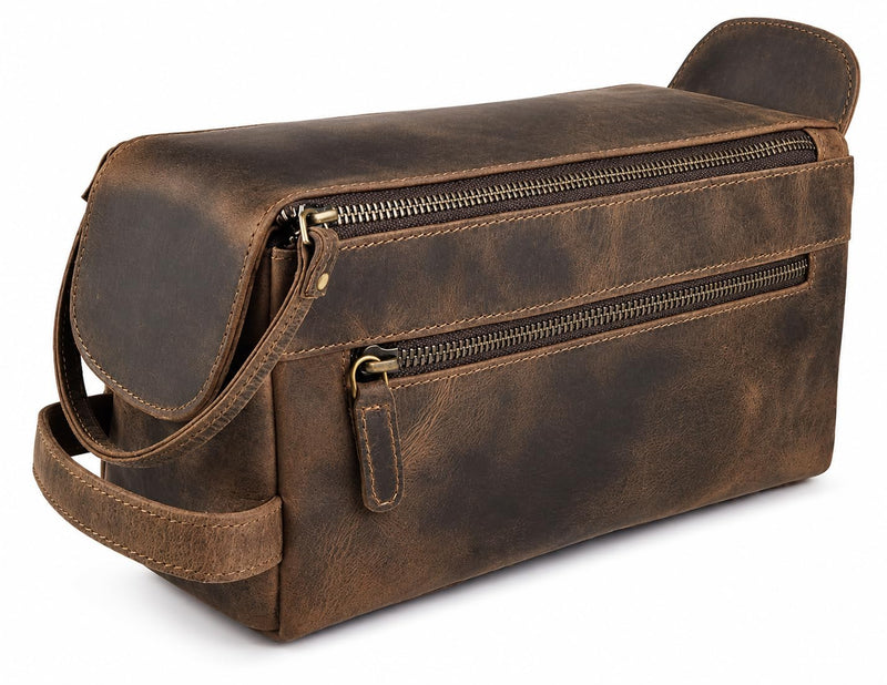 Full Grain Leather Toiletry Bag for Men & Women – Water-Resistant Travel Shaving Kit Organizer with YKK Zipper, Spacious Bathroom Grooming & Cosmetic Storage Case - Walnut Brown Distressed Brown