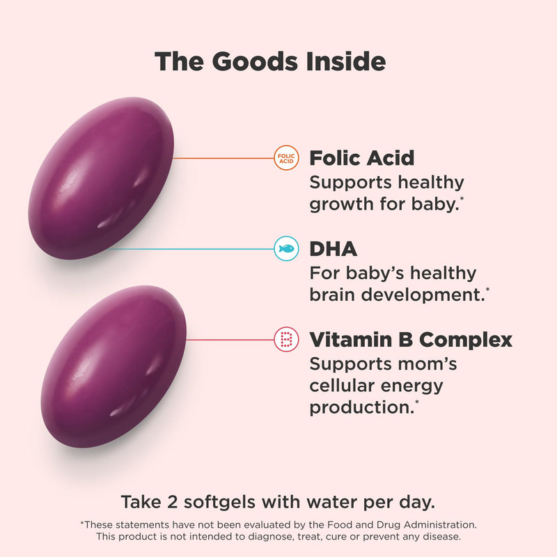 OLLY Ultra Strength Prenatal Multivitamin Softgels, Supports Healthy Growth, Brain Development & Probiotic + Prebiotic Gummy, Digestive Support and Gut Health, 500 Million CFUs, Fiber