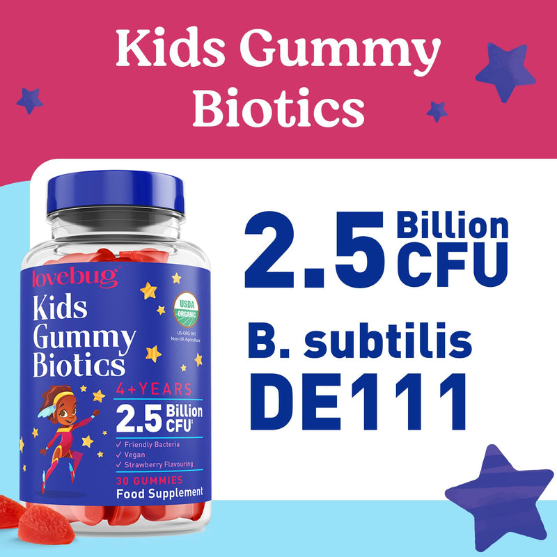 Lovebug Kids Probiotic Tummy Gummies - 2.5 Billion CFU with Bacillus subtilis DE111® - USDA Organic Probiotics for Gut Health - For Children & Toddlers (Age 4+) - 30 Strawberry Flavoured Vegan Gummies