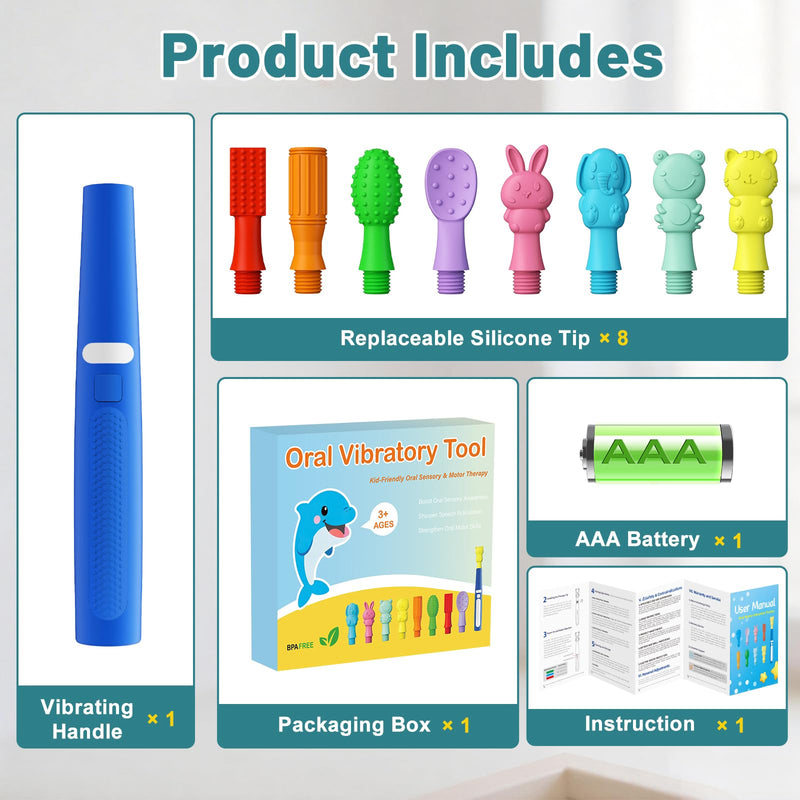 Oral Sensory Vibration Tool Oral Motor Sensory Stimulation Kit with 8 Textured Silicone Heads, 3 Vibration Modes for Autism, Speech Therapy, Self Feeding Stimulation & Calm Sensory Needs - Blue