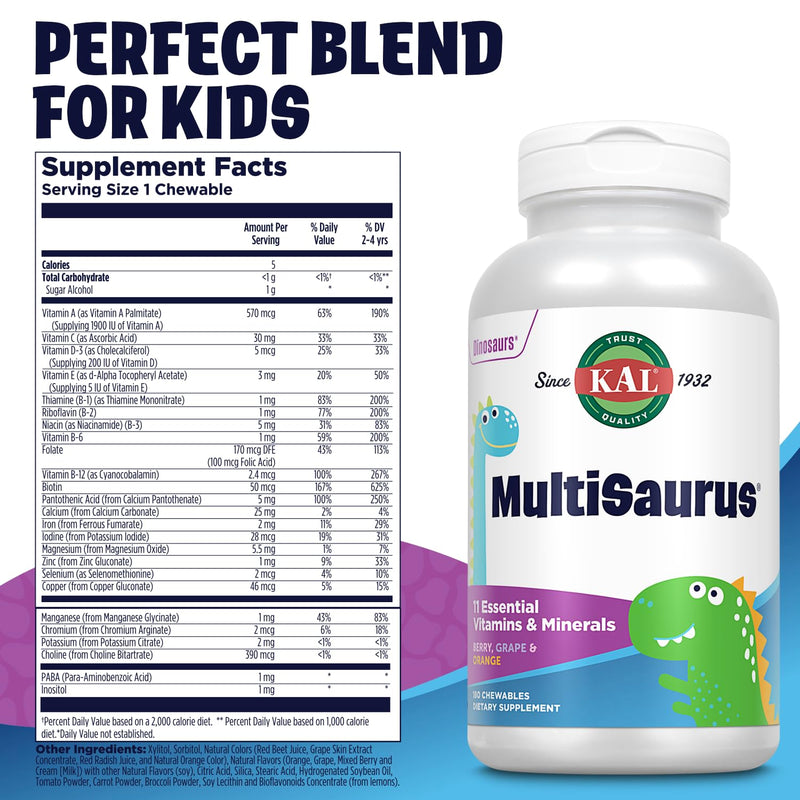 KAL MultiSaurus Kids Chewable Multivitamins, 11 Essential Vitamins and Minerals for Kids, Berry, Grape, Orange Chewables, Gluten and Fructose Free, 180 Servings, 180 Dinosaur-Shaped Chewables 180 Count (Pack of 1)