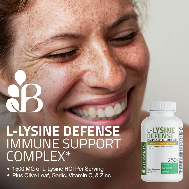 Bronson L-Lysine Defense Immune Support Complex, 1500 mg, 250 Capsules | Essential Amino Acid with Olive Leaf, Garlic, Vitamin C & Zinc, Vegetarian, Non-GMO, Gluten-Free & Soy-Free 250 Count (Pack of 1)