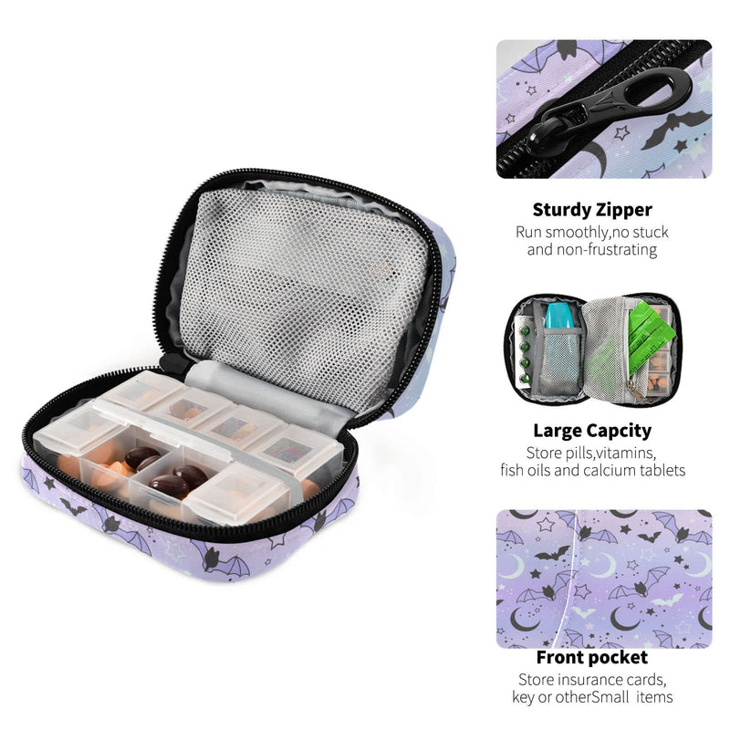 Purple Bat Moon Travel Pill Organizer Bag | With Zipper 7 Day Portable Weekly Medicine Box Case & Vitamin Supplement Dispenser Pouch for Men Women Color #06