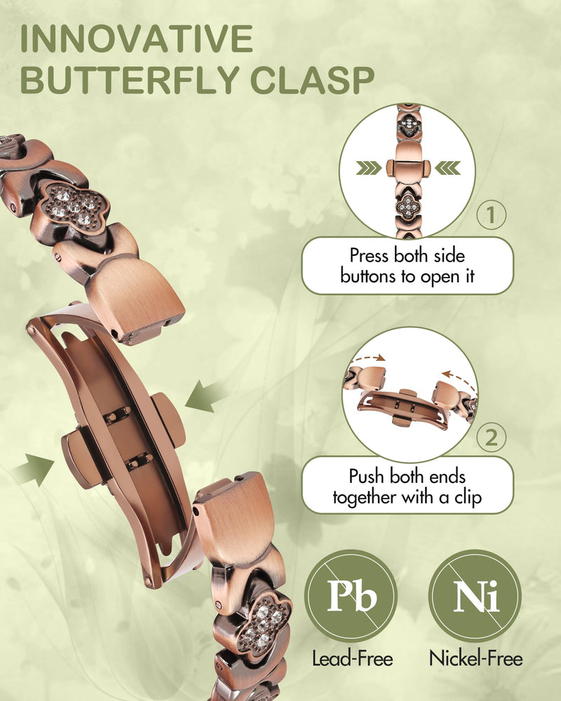 [Australia] - Feraco Pure Copper Bracelets for Women, 5X Ultra Strength Magnetic Bracelet with 5000 Gauss Neodymium Magnets & Upgraded Butterfly Clasp, Adjustable Jewelry Gift Copper Clover 