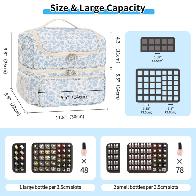 CUBETASTIC Nail Polish Organizer & Storage Bag for 48 Bottles & Full-Size Lamp, Double-Layer Travel Case Box for Nail Supplies, Manicure Kit & Pedicure Tools (Blue Floral, 48 Slots) Blue Floral