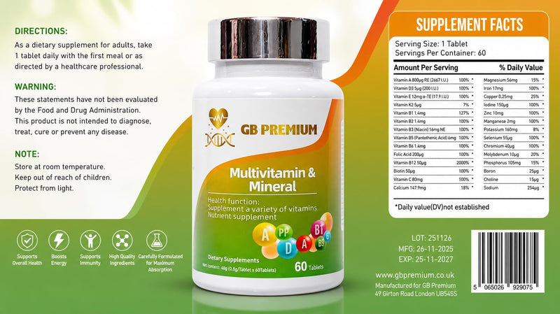 Multivitamin & Mineral Tablets, Daily Vitamins and Minerals Supplement with Vitamin A, C, D3, B Vitamins, Zinc, Iron & Magnesium, 60 Tablets