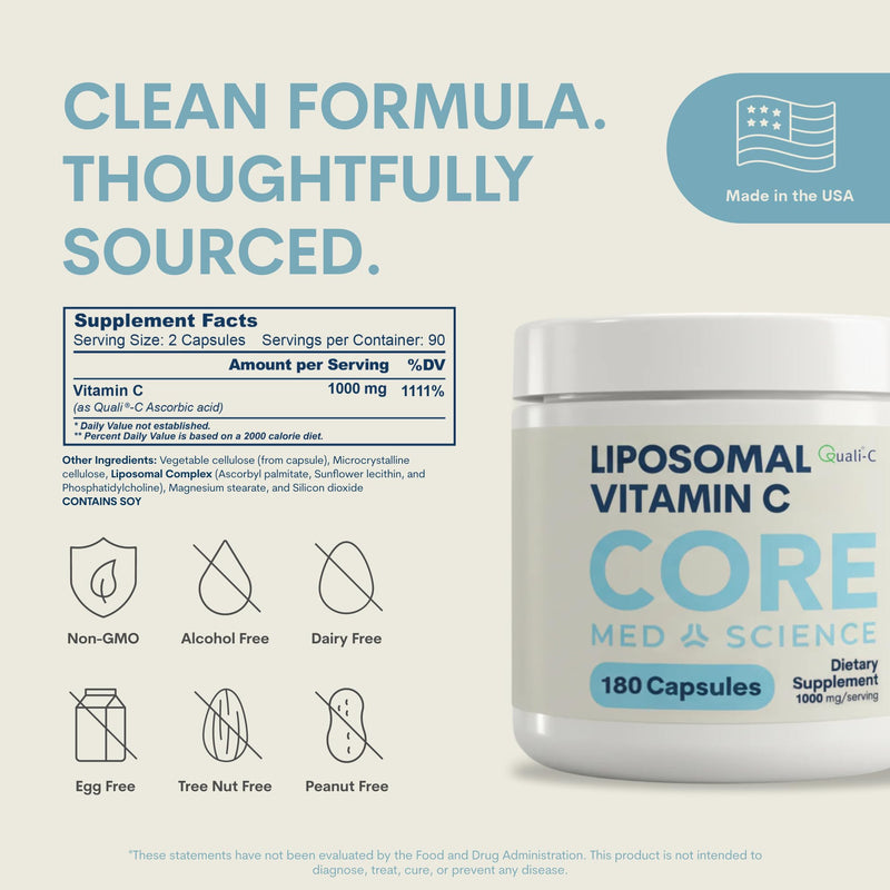 Core Med Science Liposomal Vitamin C, 1000mg - 180 High Absorption Capsules | Physician Formulated Vitamin C Supplement for Immune Support, Collagen & Skin Health, Made in USA 180 Count (Pack of 1) Capsule