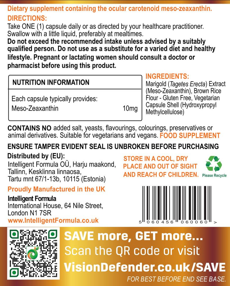 [Australia] - Vision Defender Meso Zeaxanthin Vegan Eye Supplement MZ- Protect and Improve Ocular Health & Eye Care, High Strength Antioxidant Carotenoid Meso-Zeaxanthin for Eyes (90 Capsules/One Daily) Made in UK 