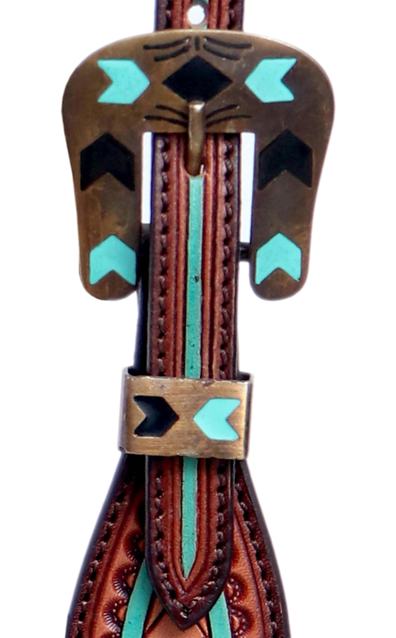 | Turquoise Painted | Tooled American Leather Spur Straps, Breastcollar,Slip Ear and Browband Headstall Slip Ear Headstall - PawsPlanet Australia