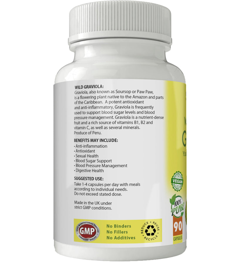 Wild Harvested Graviola (Soursop) - Antioxidant & Heart Health | 90 Capsules x 500mg | Gluten Free | GM Free | Vegan