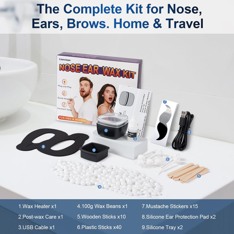 LIONVISON Men's Nose Wax Removal: Painless Hair Removal for Nose and Ears - with 100g Wax 40 Nose Hair Sticks 2 Silicone Pots - Portable Melt Machine for Home Travel Use (Black) Black