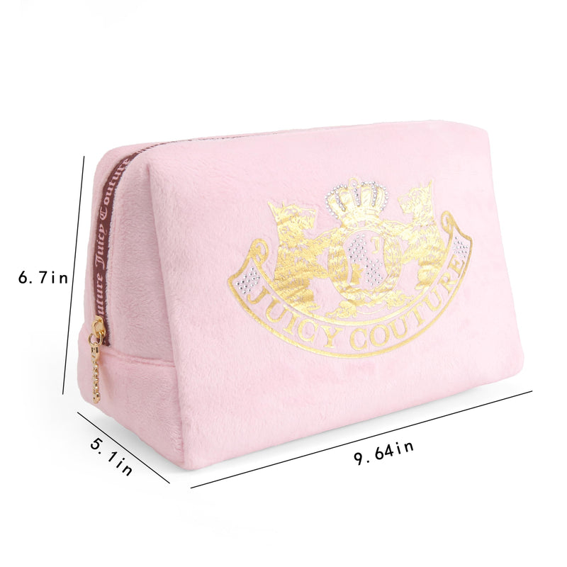 Juicy Couture Pink Makeup Bag Cosmetics Organizer Travel Essentials Zip Top Wedge Gold Terroir Dog Rhinestone Crown Velour
