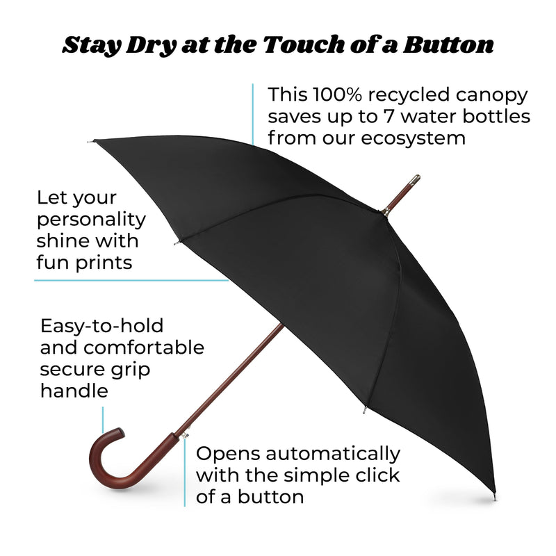 Totes Auto Open Water Repellent Stick Umbrella with Classic Wood J Hook Handle Black Blue White Check One Size