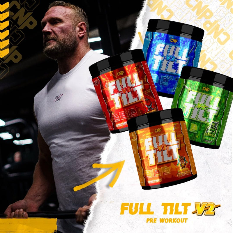 CNP Professional Full Tilt V2, Very Strong High Stims Ultimate Pre-Workout, Fatigue Reduction, Great Pumps, High Caffeine Content, 30 Servings, 4 Exclusive Flavours (570g Orange Outlaw) 570g