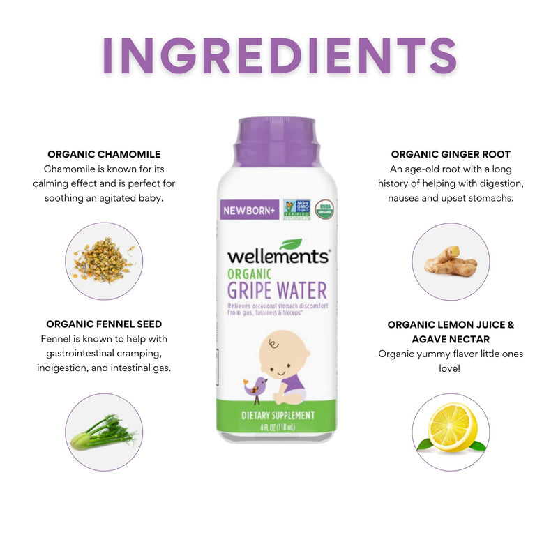 Wellements Organic Gripe Water | Relieves Occasional Stomach Discomfort from Baby Gas, Colic, Hiccups and Fussiness | Certified Organic and Non-GMO | No Artificial Flavors | 4 Fl Oz. | Ages Newborn+ Gripe Water-1 Pack