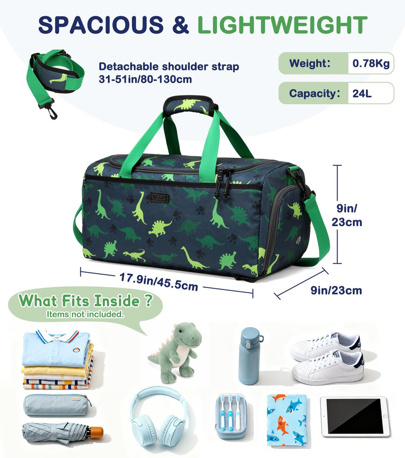 Kids Duffle Bag,VASCHY Travel Bag for Toddler Children Boys Water Resistant Overnight Duffel Ballet Dance Sport Carry On Weekender Bag with Shoes Compartment Dry Wet Pocket Green Dinosaur