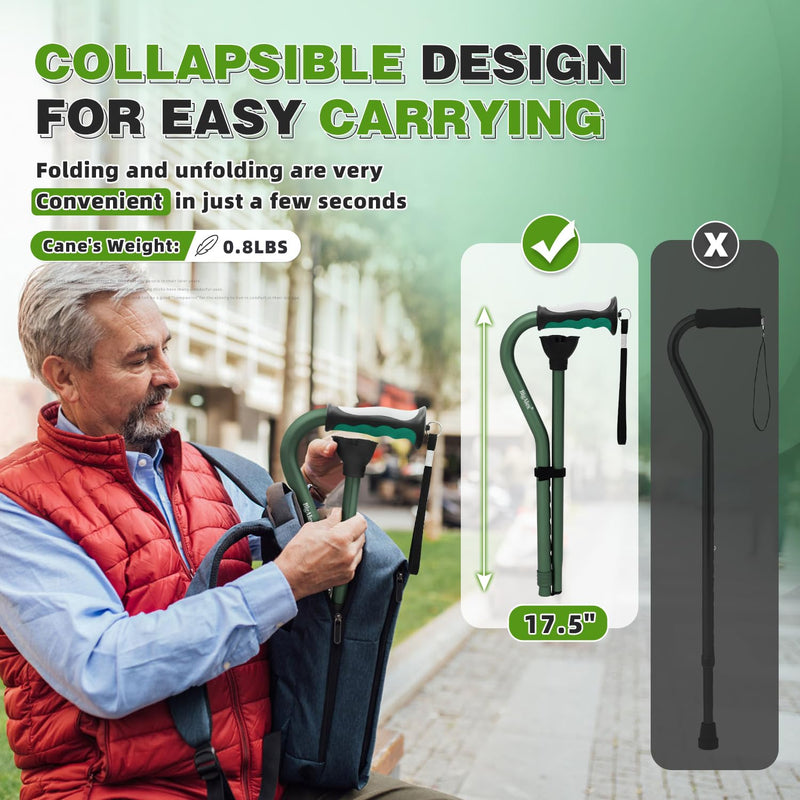[Australia] - BigAlex Lightweight Walking Cane, Soft Offset Handle for Seniors, Adjustable Collapsible Portable Stick for Women & Men, Mobility Aid for Elderly Adults, Folding Cane Provides Stability & Balance Green 