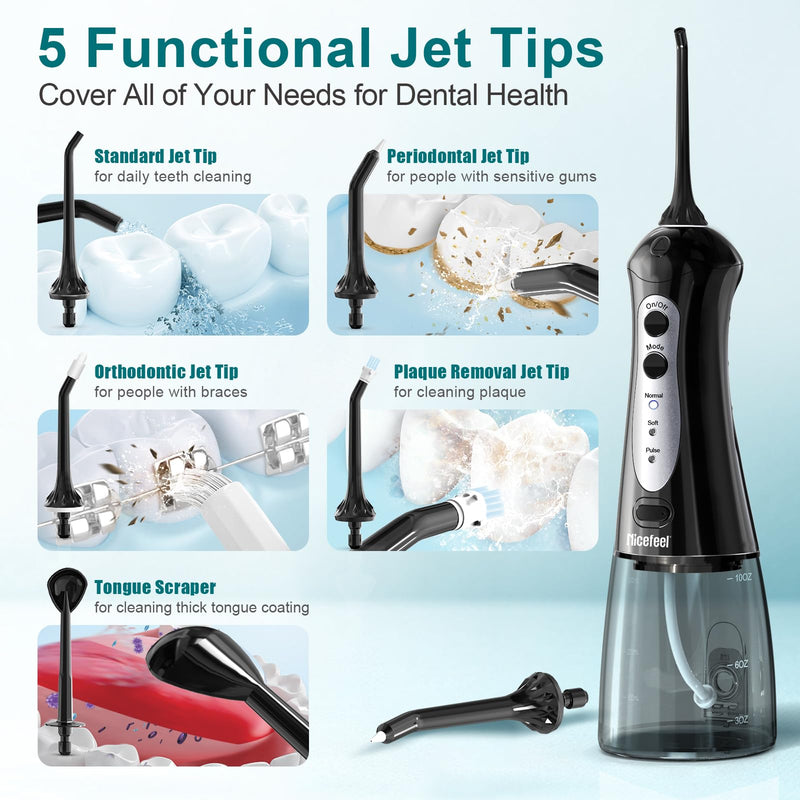 [Australia] - Nicefeel Cordless Water Dental Flosser ‚Äì 300ML BPA-Free Portable Oral Irrigator, 3 Cleaning Modes, Fast Charge, IPX7 Waterproof for Teeth, Gums & Tonsil Stones ‚Äì Home & Travel Use Dark Black 