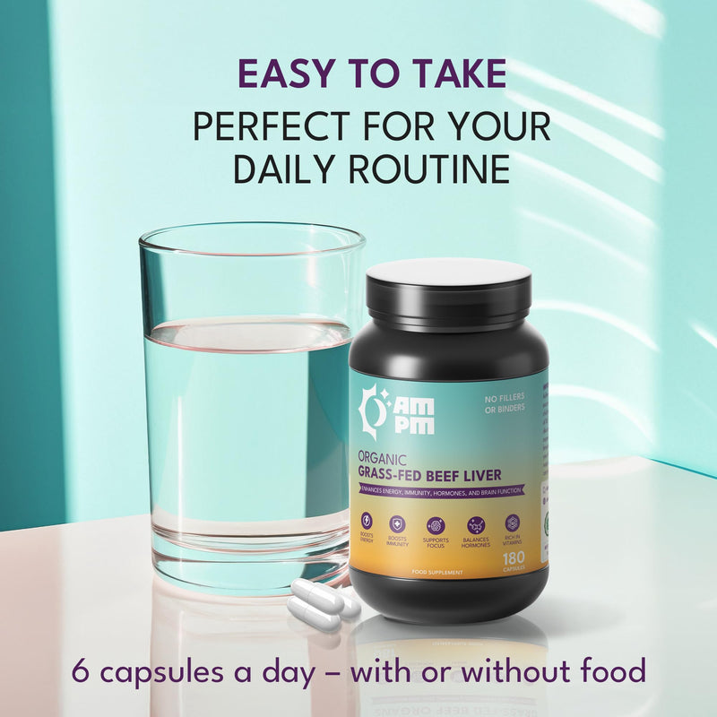 Grass Fed Beef Liver Capsules, Natural Whole Food Supplement, Organic, Non-GMO,180 Capsules By AMPM
