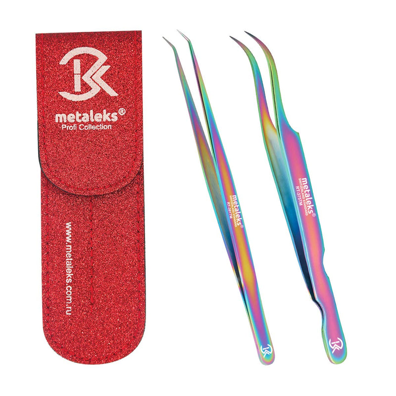 2Pcs Eyelash Extension Tweezers Set Made of Japanese Stainless Steel with Pouch (Multi Titanium Coated) Multi Titanium Coated